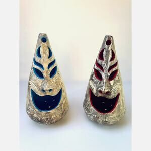 Pair of Sculptural Ceramic Lanterns in Red and Blue | Cut-Out Forms | 16" Tall